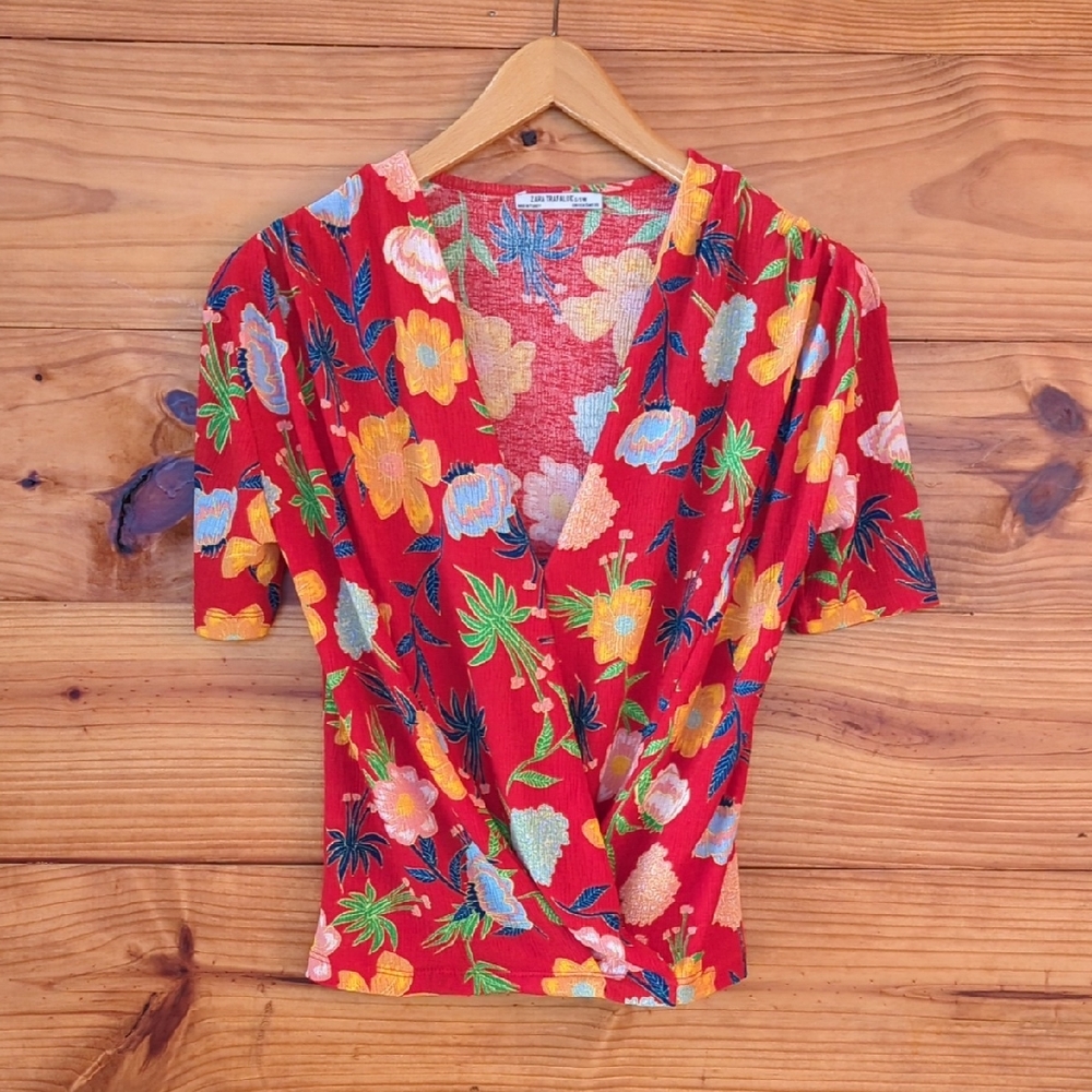 Zara Red Floral Faux Wrap textured Blouse Small